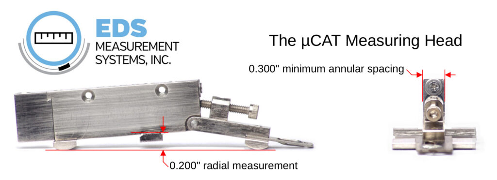 EDS Measurement Systems, Inc. The mu-CAT Measuring Head, 0.300 inches minimum annular spacing. 0.200 inches radial measurement. A side photo and front photo of the measuring head made of nickel-plated steel with a hinged lever arm and adjustment screw